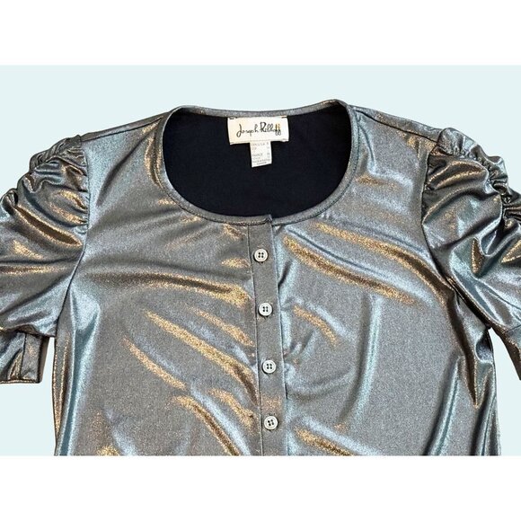 Vintage JOSEPH RIBKOFF Metallic Silver Puff Sleeve 90s 00s Y2K Top Shirt Size Sm - Picture 3 of 8